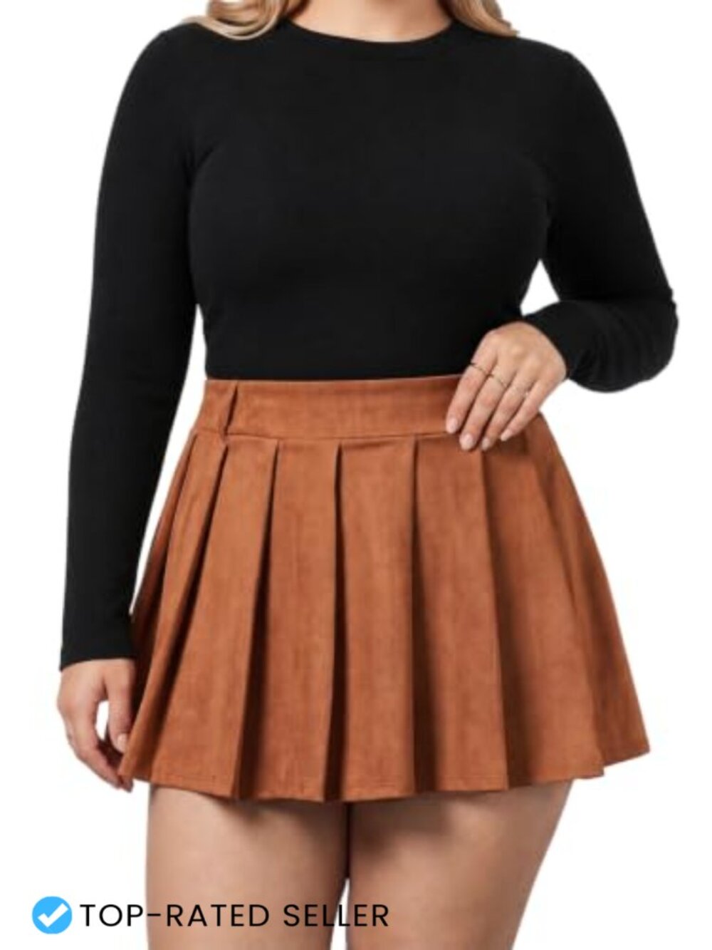 Plus Size Suede Pleated Mini Skort with Pockets & Built-in Shorts